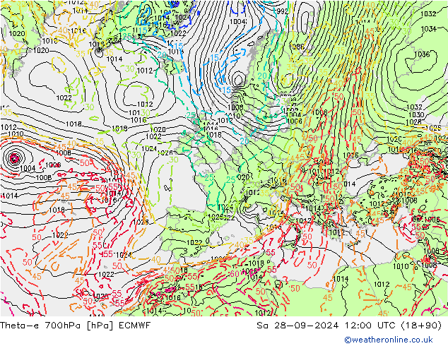 Theta-e 700hPa ECMWF So 28.09.2024 12 UTC