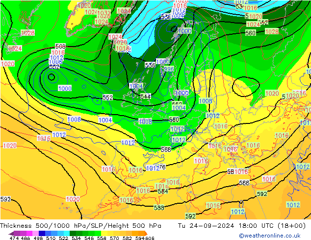 Thck 500-1000гПа ECMWF вт 24.09.2024 18 UTC