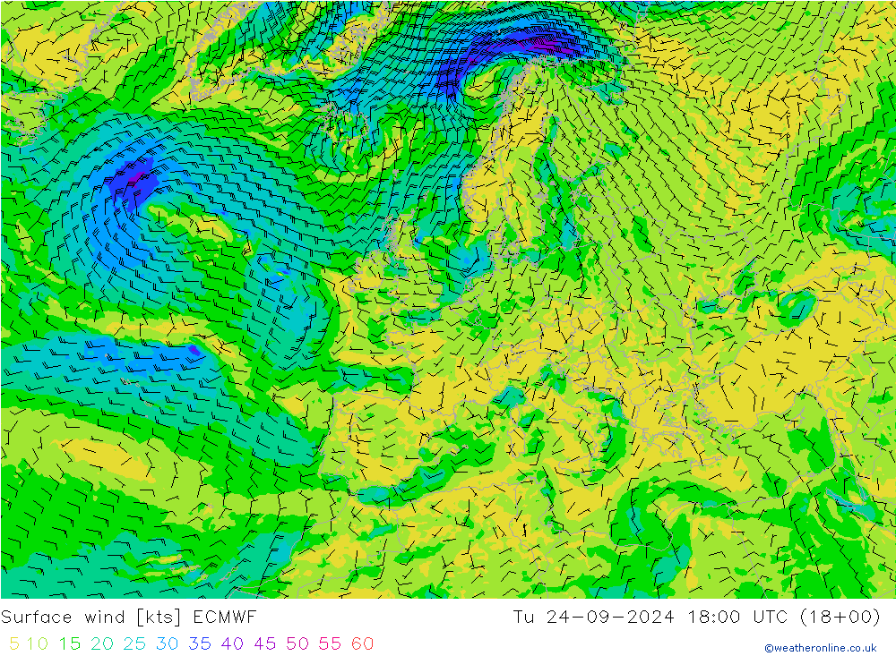 Surface wind ECMWF Tu 24.09.2024 18 UTC