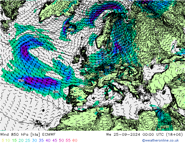 Vento 850 hPa ECMWF Qua 25.09.2024 00 UTC