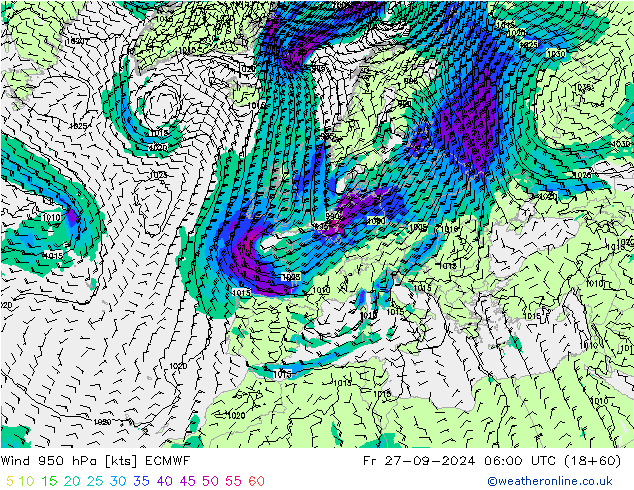 wiatr 950 hPa ECMWF pt. 27.09.2024 06 UTC