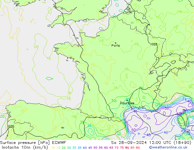 Isotachs (kph) ECMWF Sáb 28.09.2024 12 UTC