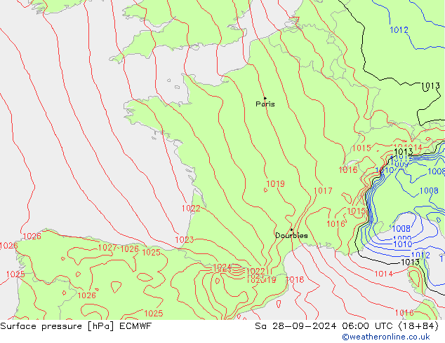 приземное давление ECMWF сб 28.09.2024 06 UTC