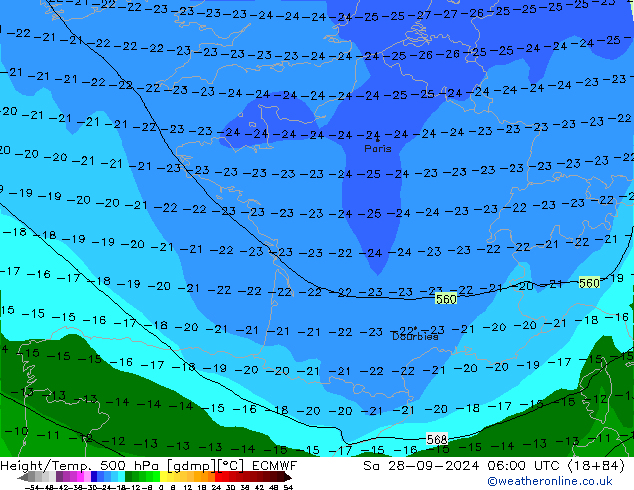 Height/Temp. 500 hPa ECMWF Sa 28.09.2024 06 UTC