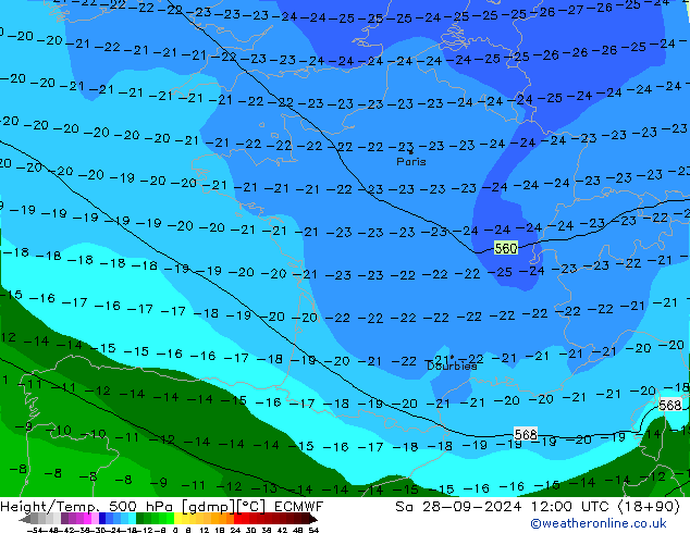 Z500/Rain (+SLP)/Z850 ECMWF sab 28.09.2024 12 UTC