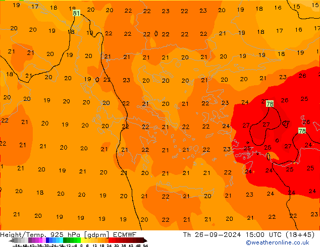 Height/Temp. 925 hPa ECMWF Th 26.09.2024 15 UTC