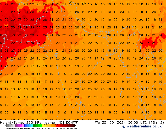 Hoogte/Temp. 850 hPa ECMWF wo 25.09.2024 06 UTC