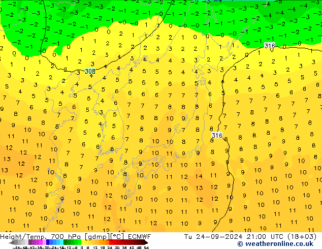 Height/Temp. 700 hPa ECMWF Tu 24.09.2024 21 UTC