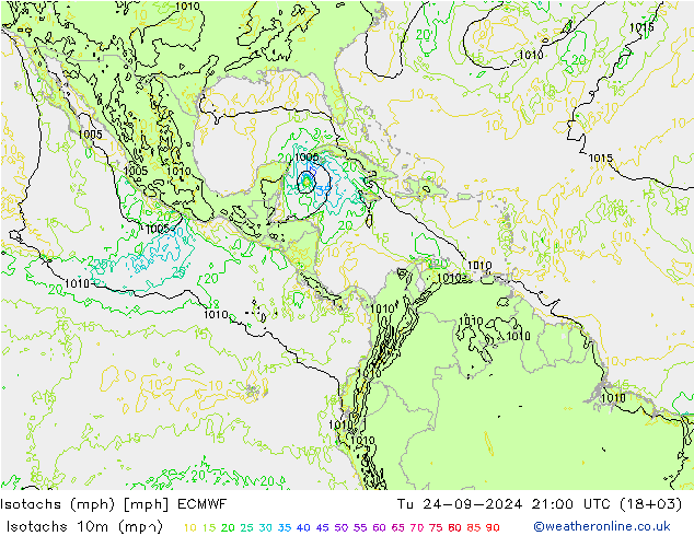 Izotacha (mph) ECMWF wto. 24.09.2024 21 UTC