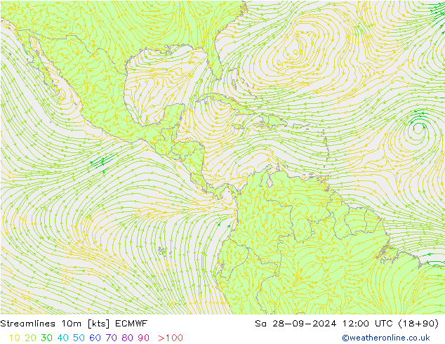 Linia prądu 10m ECMWF so. 28.09.2024 12 UTC