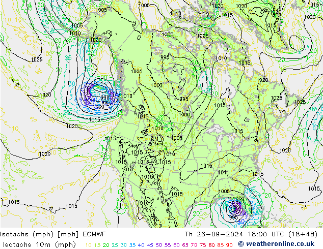 Isotachs (mph) ECMWF Th 26.09.2024 18 UTC