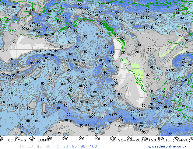 RH 850 гПа ECMWF сб 28.09.2024 12 UTC