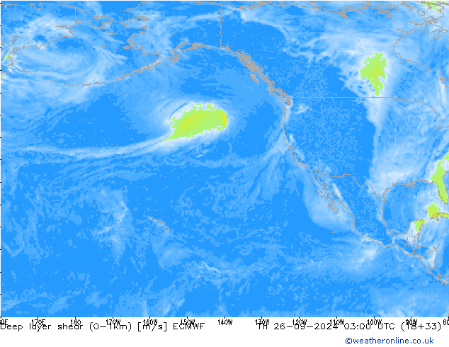 Deep layer shear (0-1km) ECMWF czw. 26.09.2024 03 UTC