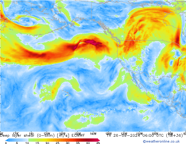 Deep layer shear (0-6km) ECMWF Čt 26.09.2024 06 UTC