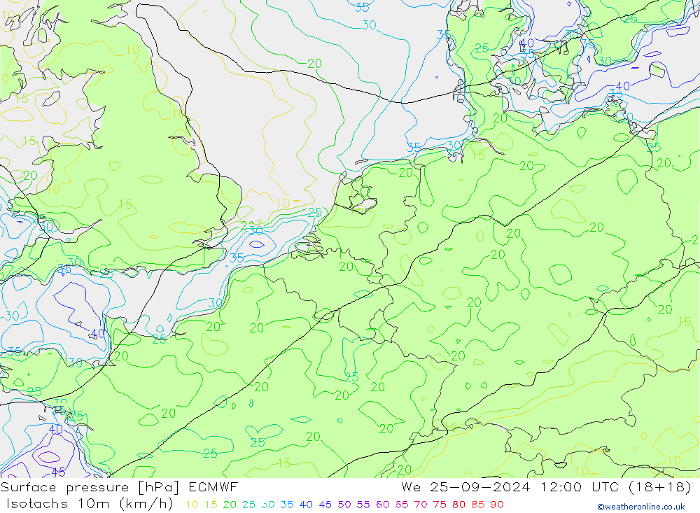 Isotachs (kph) ECMWF We 25.09.2024 12 UTC