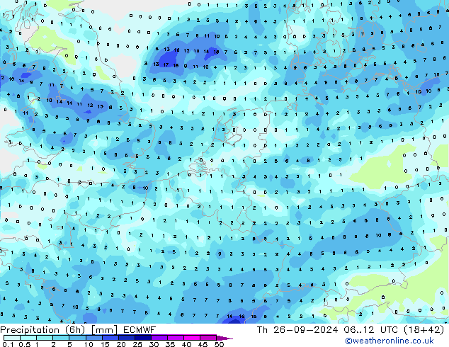 Precipitation (6h) ECMWF Th 26.09.2024 12 UTC