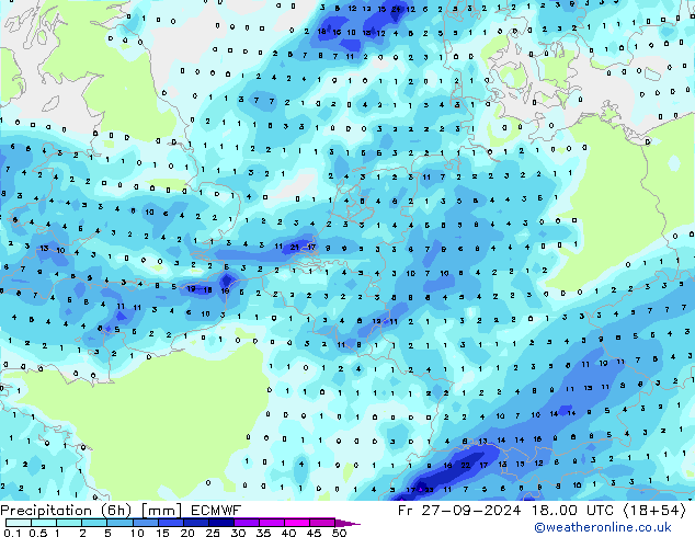 Precipitation (6h) ECMWF Fr 27.09.2024 00 UTC