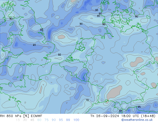 RH 850 hPa ECMWF czw. 26.09.2024 18 UTC