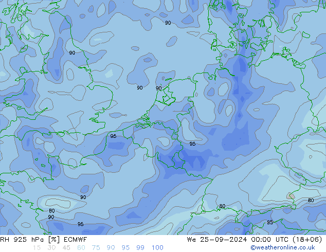 RH 925 hPa ECMWF We 25.09.2024 00 UTC