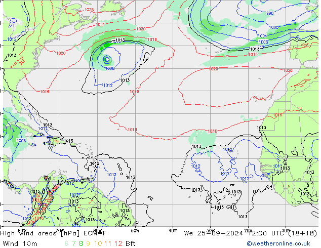 High wind areas ECMWF ср 25.09.2024 12 UTC