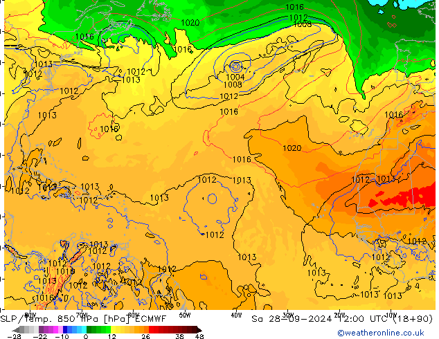 SLP/Temp. 850 hPa ECMWF Sáb 28.09.2024 12 UTC