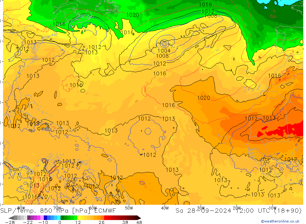 SLP/Temp. 850 hPa ECMWF So 28.09.2024 12 UTC