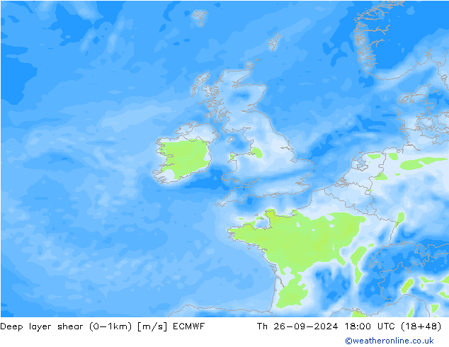 Deep layer shear (0-1km) ECMWF  26.09.2024 18 UTC