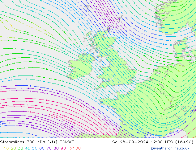 Ligne de courant 300 hPa ECMWF sam 28.09.2024 12 UTC