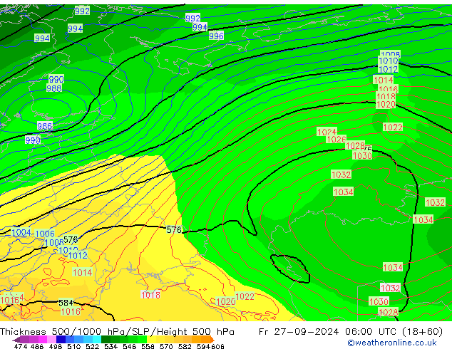 Espesor 500-1000 hPa ECMWF vie 27.09.2024 06 UTC