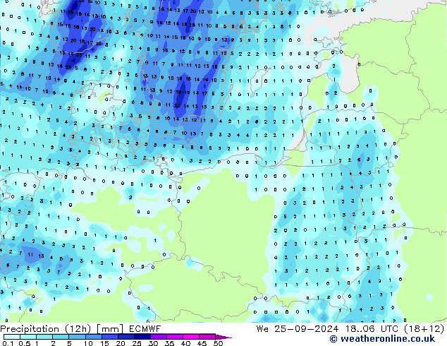 Precipitation (12h) ECMWF We 25.09.2024 06 UTC