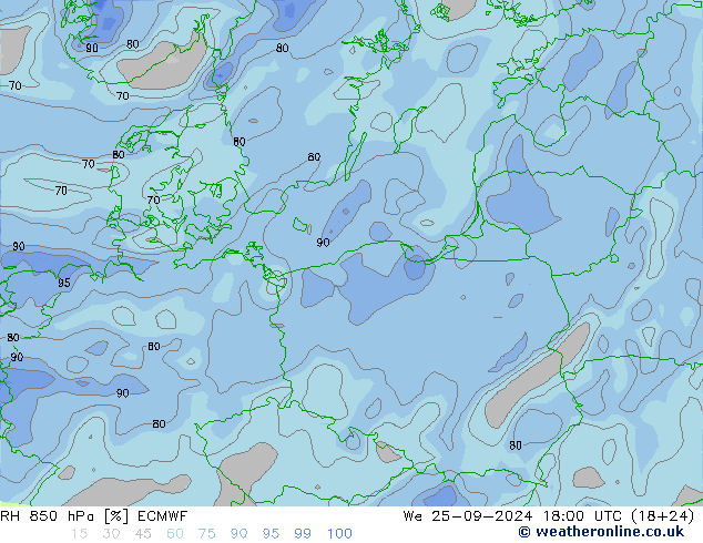 850 hPa Nispi Nem ECMWF Çar 25.09.2024 18 UTC