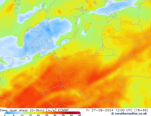 Deep layer shear (0-6km) ECMWF Pá 27.09.2024 12 UTC