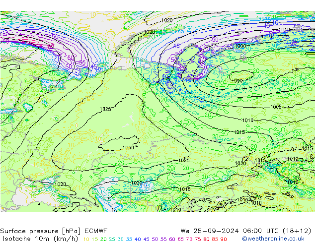 Isotachs (kph) ECMWF mer 25.09.2024 06 UTC