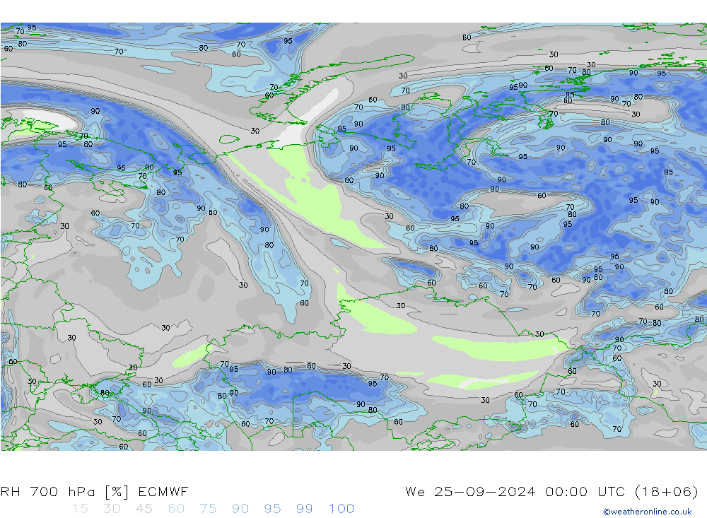 RH 700 hPa ECMWF  25.09.2024 00 UTC