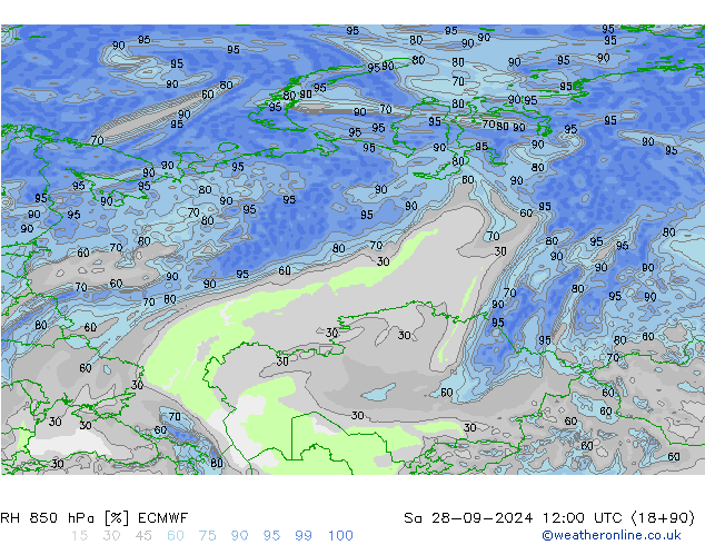 RH 850 гПа ECMWF сб 28.09.2024 12 UTC