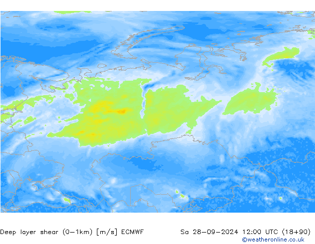 Deep layer shear (0-1km) ECMWF sab 28.09.2024 12 UTC