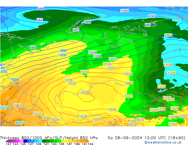 Thck 850-1000 hPa ECMWF sab 28.09.2024 12 UTC