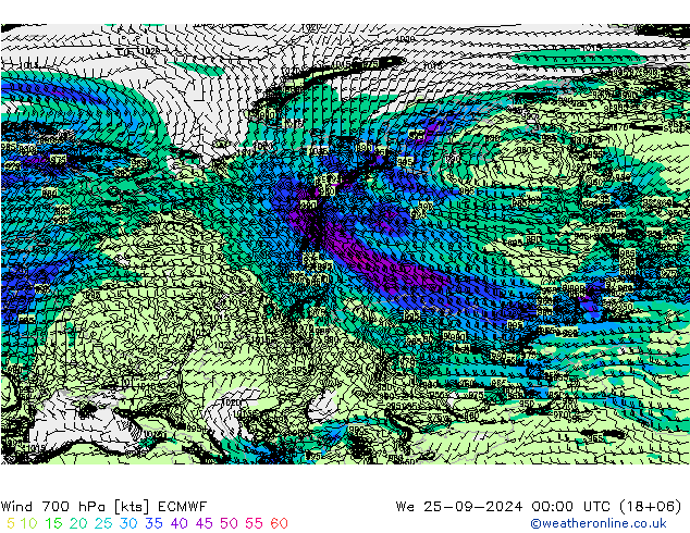 wiatr 700 hPa ECMWF śro. 25.09.2024 00 UTC