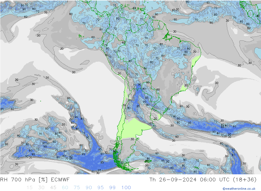 Humedad rel. 700hPa ECMWF jue 26.09.2024 06 UTC