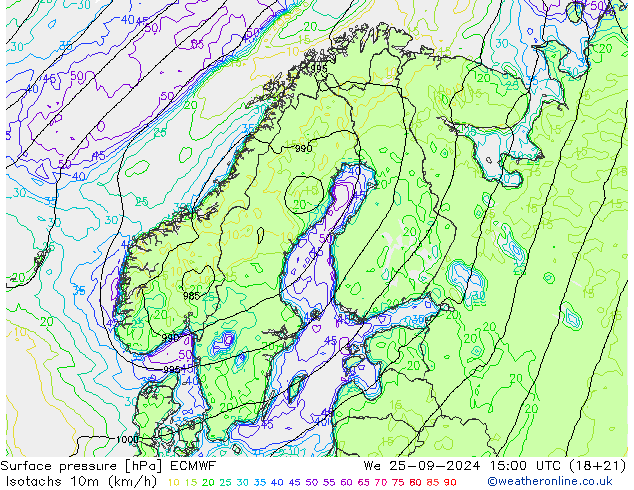 Isotachs (kph) ECMWF We 25.09.2024 15 UTC