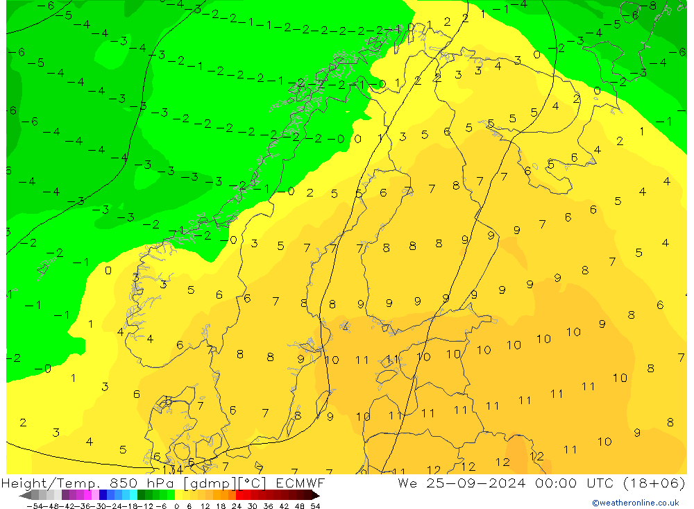 Height/Temp. 850 hPa ECMWF We 25.09.2024 00 UTC