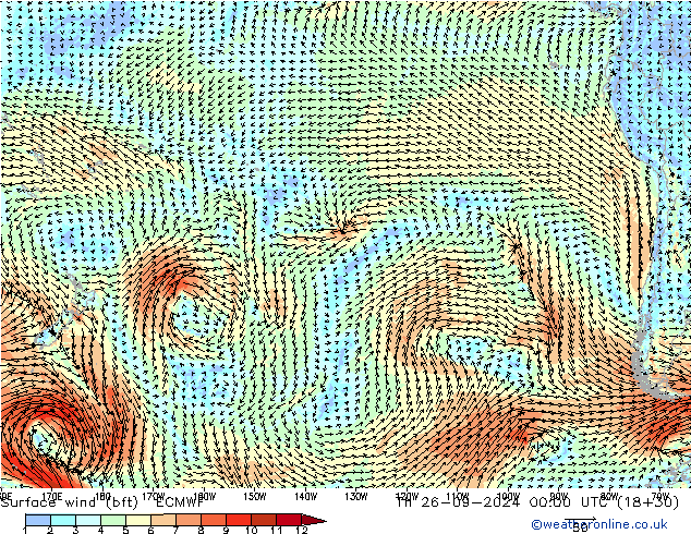 Vento 10 m (bft) ECMWF Qui 26.09.2024 00 UTC