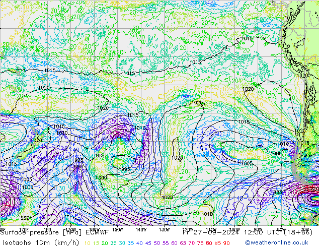 Isotaca (kph) ECMWF vie 27.09.2024 12 UTC