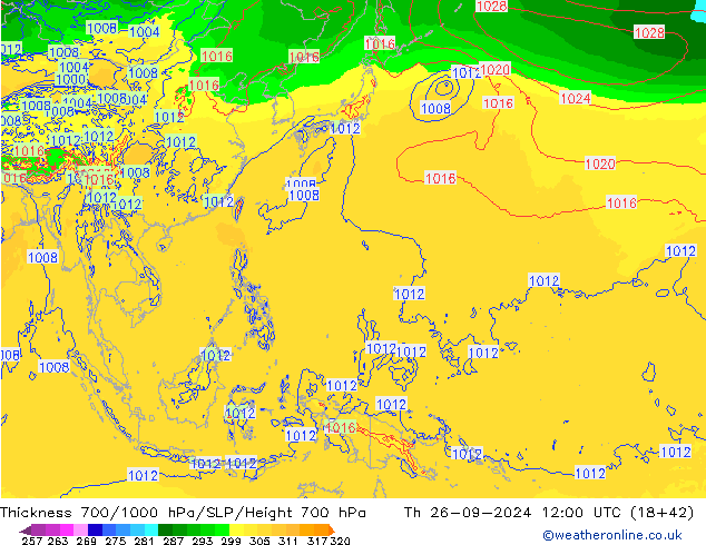 Thck 700-1000 hPa ECMWF gio 26.09.2024 12 UTC