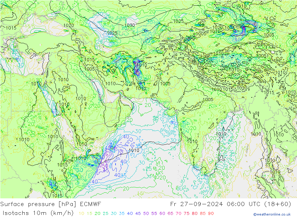 Isotachs (kph) ECMWF Fr 27.09.2024 06 UTC