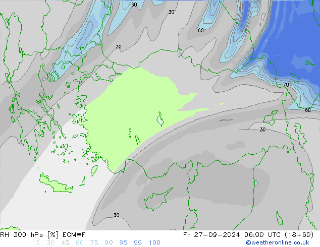 Humedad rel. 300hPa ECMWF vie 27.09.2024 06 UTC