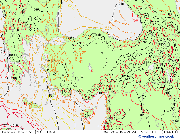 Theta-e 850hPa ECMWF Çar 25.09.2024 12 UTC