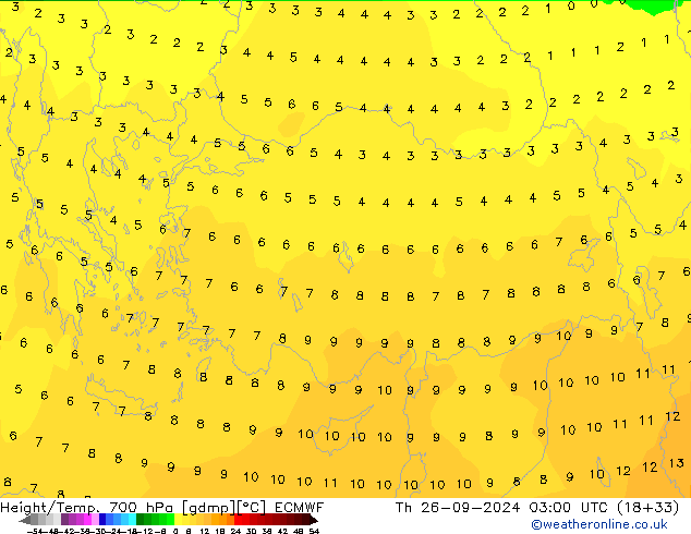 Height/Temp. 700 hPa ECMWF Th 26.09.2024 03 UTC