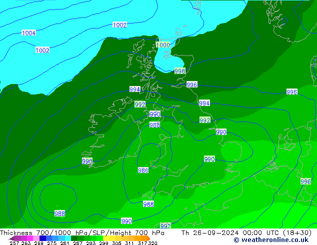 Espesor 700-1000 hPa ECMWF jue 26.09.2024 00 UTC