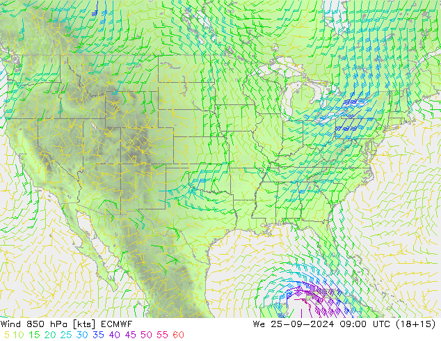 wiatr 850 hPa ECMWF śro. 25.09.2024 09 UTC